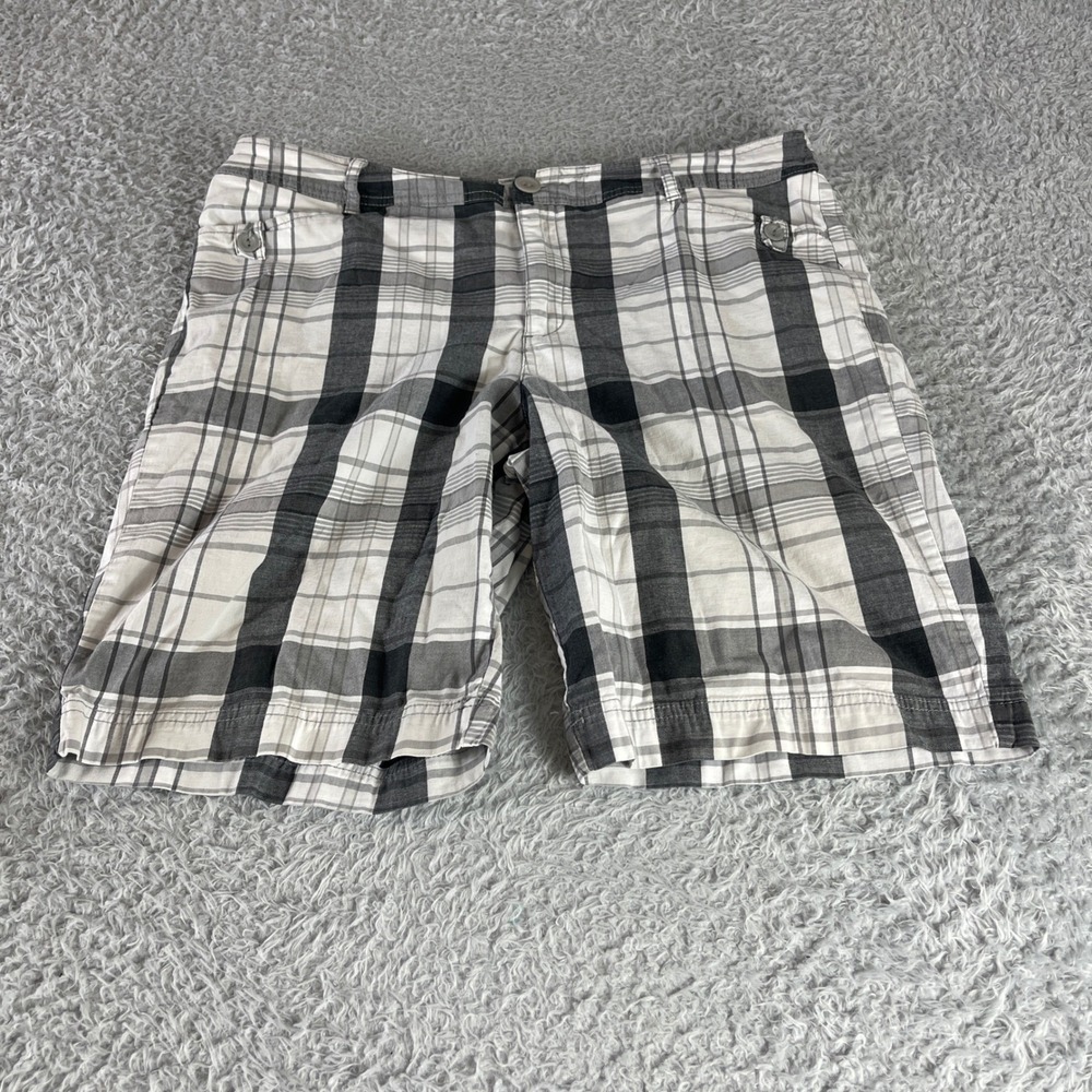 St Johns Bay Plaid Shorts Womens 16 Black White Gray Cotton Stretch Casual